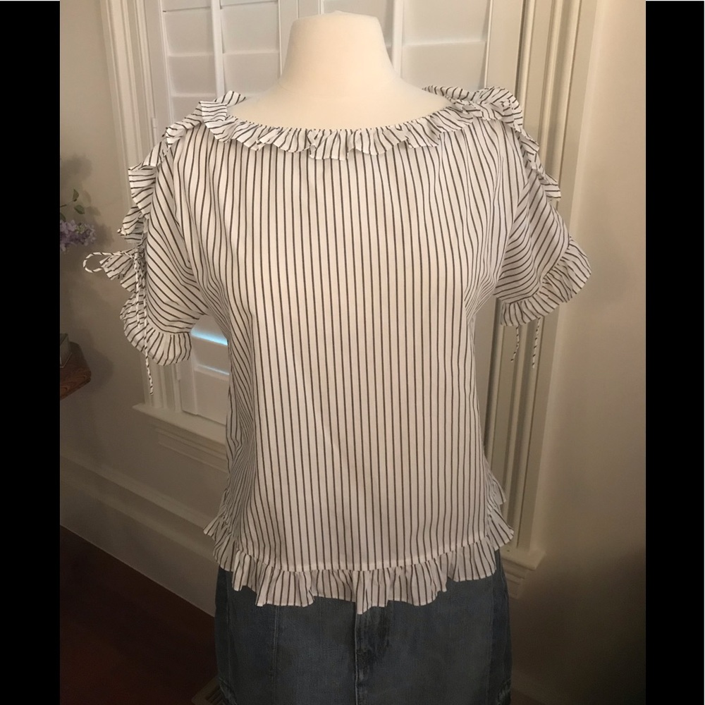Madewell White with Blue Cotton Lace-up Ruffled Sleeve Top